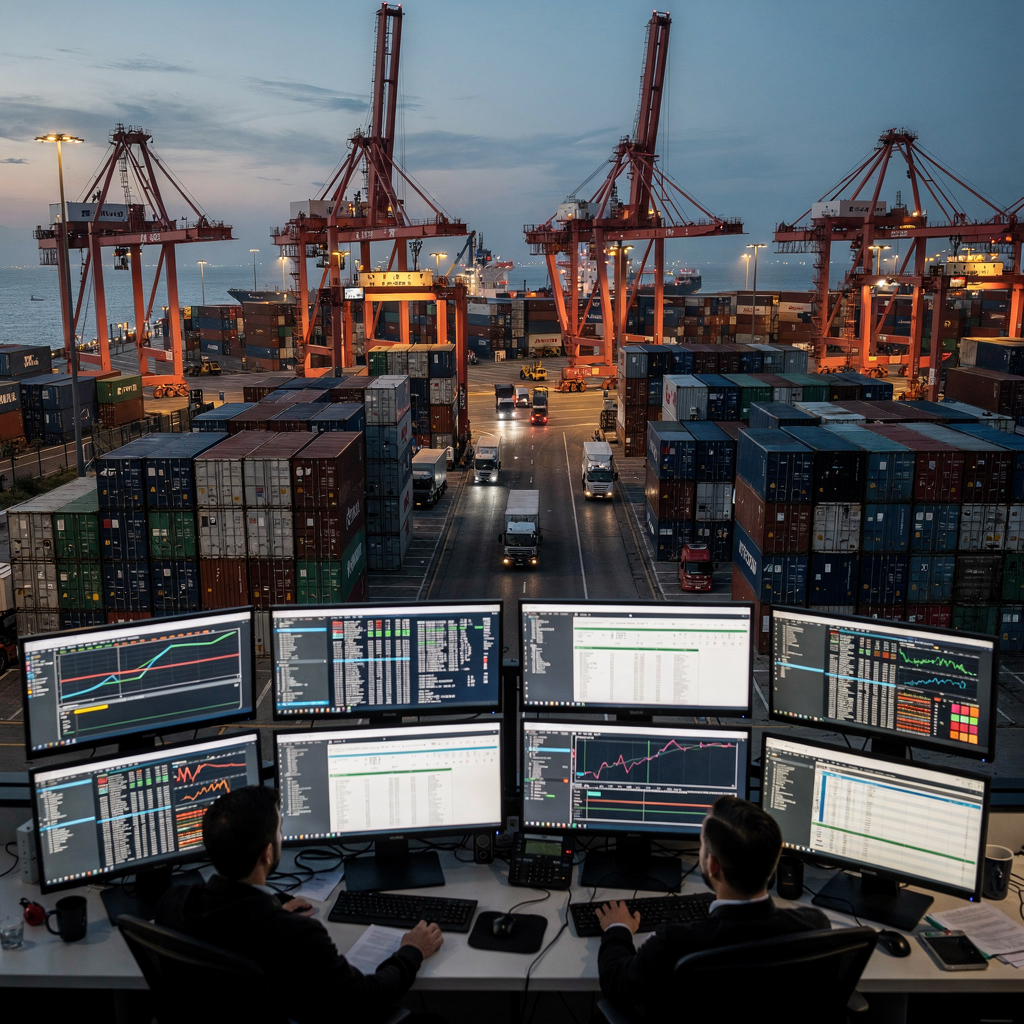 Container terminal overview with cranes and control room A busy container terminal at dusk showing rows of stacked containers, quay cranes in motion, trucks entering and leaving, and a control room in the foreground with operators monitoring multiple screens