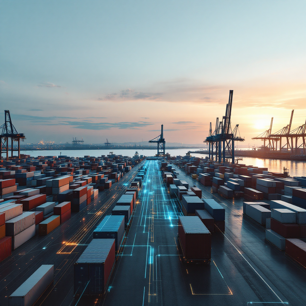 A modern container terminal at dawn with cranes, automated guided vehicles, and data overlay lines suggesting connectivity, with clear sky and calm water