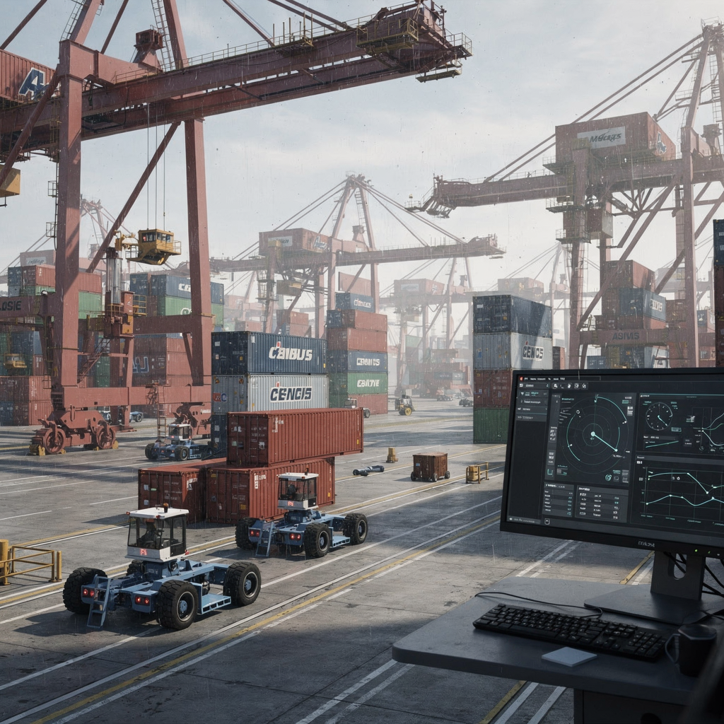 Close-up of a simulated container terminal yard showing cranes, stacked containers, automated vehicles, and a control center screen; clean industrial aesthetic, no text