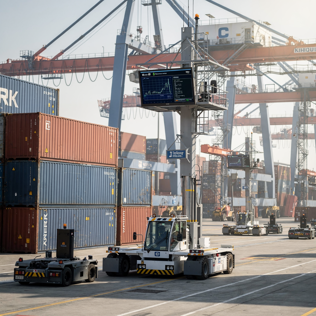 Close-up view of a container terminal yard with cranes, automated guided vehicles and stacks of containers, showing digital signage and data screens in the control tower (no text or numbers)