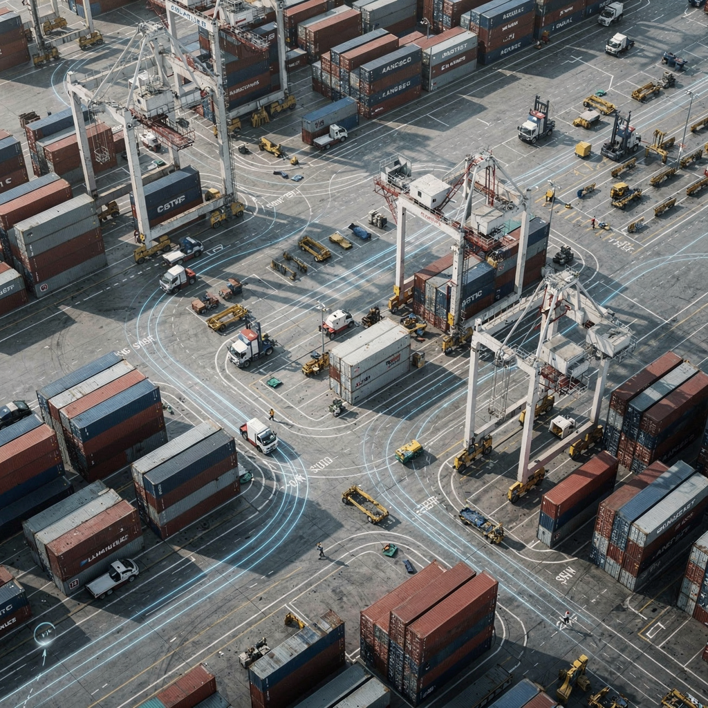 Bird's-eye view of a busy container terminal yard showing cranes, stacked containers, automated guided vehicles, and dynamic paths demonstrating data-driven routing; no text or numbers