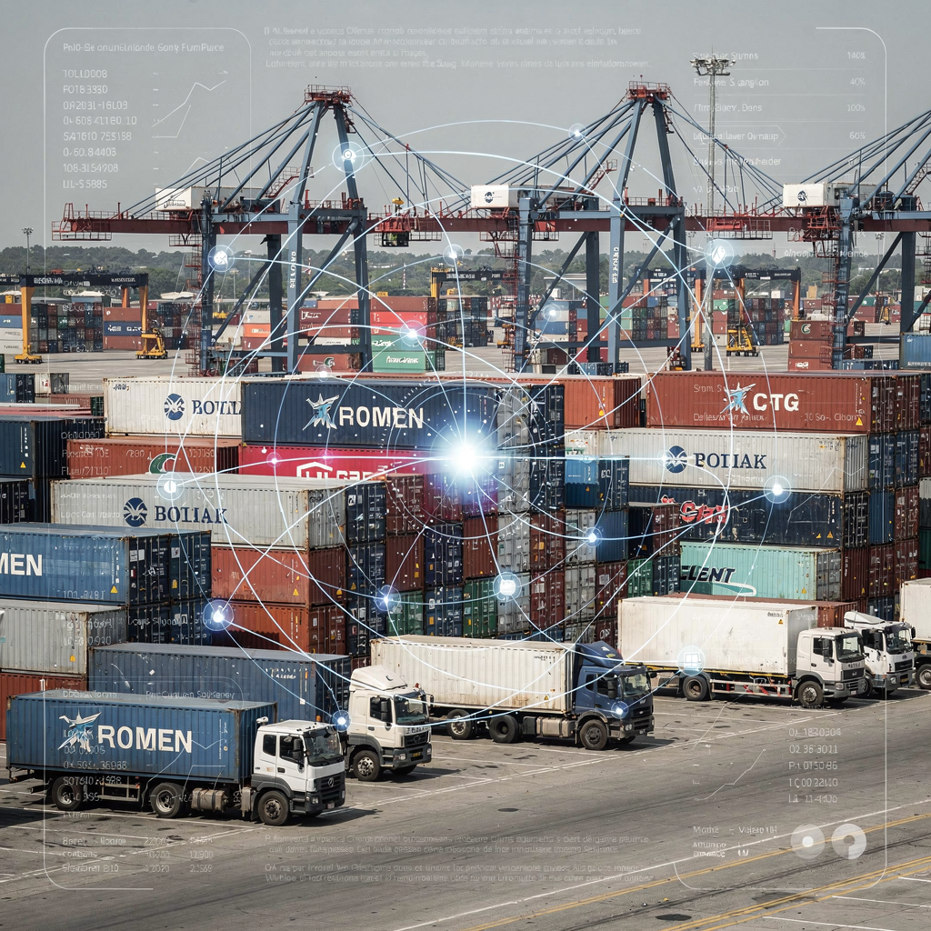 Container terminal yard with cranes and AI data overlays A busy container terminal yard with cranes, trucks, and stacks of containers under clear daylight, showing data overlays and abstract AI connectivity lines to suggest smart automation