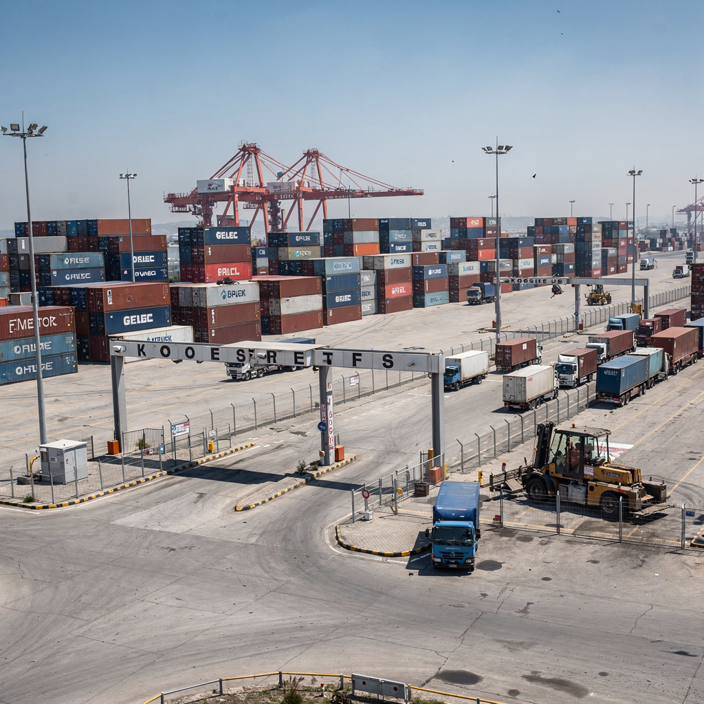 A busy container port yard at mid-day showing rows of stacked containers, yard cranes operating, trucks queuing at gates, and terminal equipment moving containers, clear sky, wide-angle view