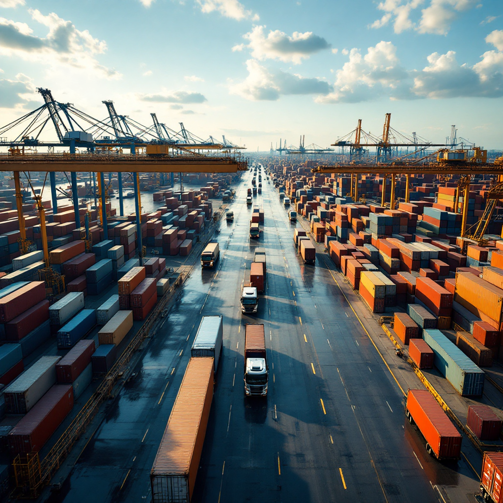 An overhead view of a busy container terminal yard showing gantry cranes, stacked containers, and trucks moving, shot in bright daylight, no text
