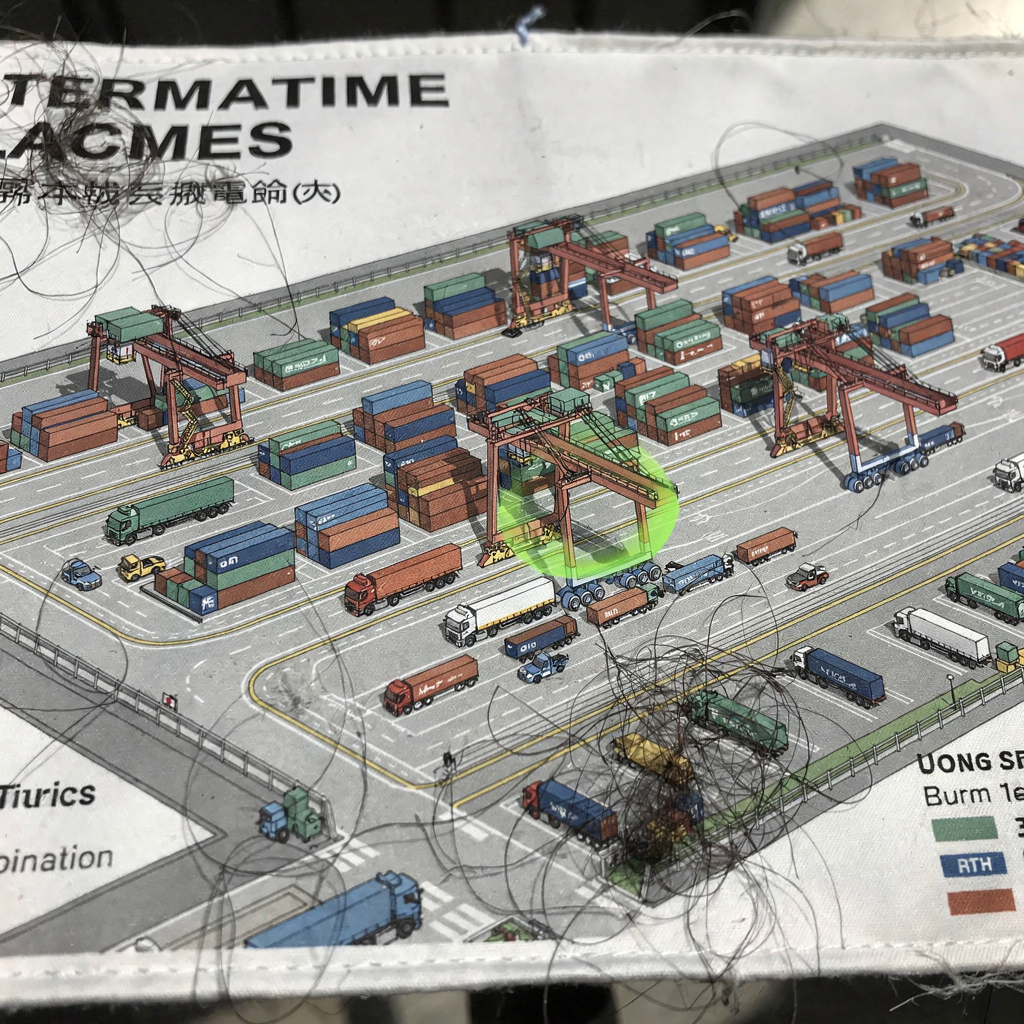 A detailed diagram-style illustration of terminal yard layout showing container stacks, truck flows, crane positions and highlighted congestion hotspots