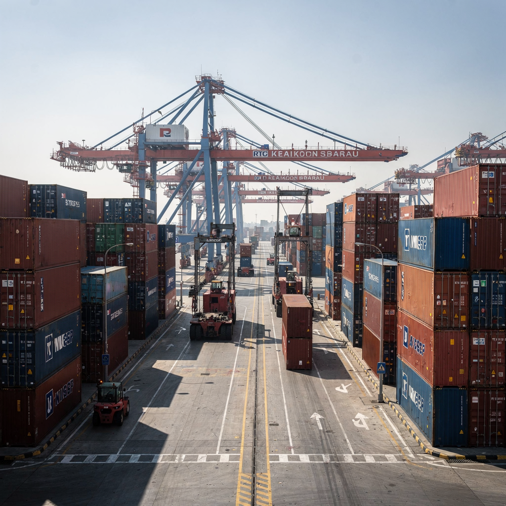 Container yard operations with RTGs and stacking A busy container yard with stacked blocks, RTGs and straddle carriers moving containers across lanes under clear sky; no text or numbers