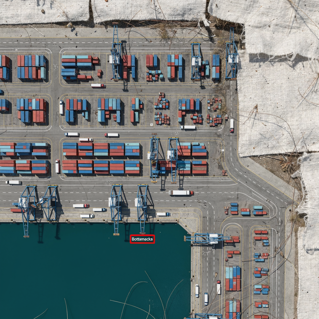 Top-down schematic view of a container yard and quay with highlighted bottlenecks, cranes, trucks and stacks, clean vector illustration