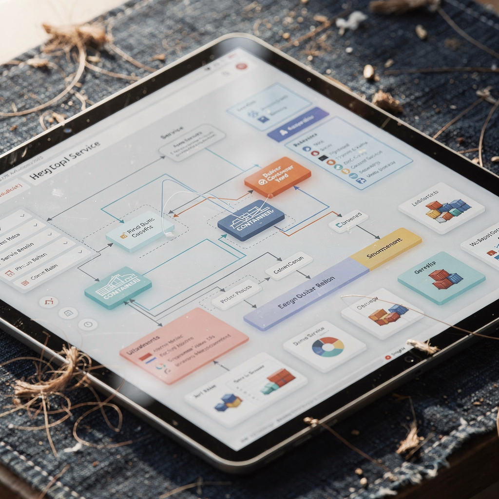 Container yard software architecture visualization Isometric view of a modern container yard software dashboard showing service interactions, data flows, and discrete modules in soft colors (no text or numbers)