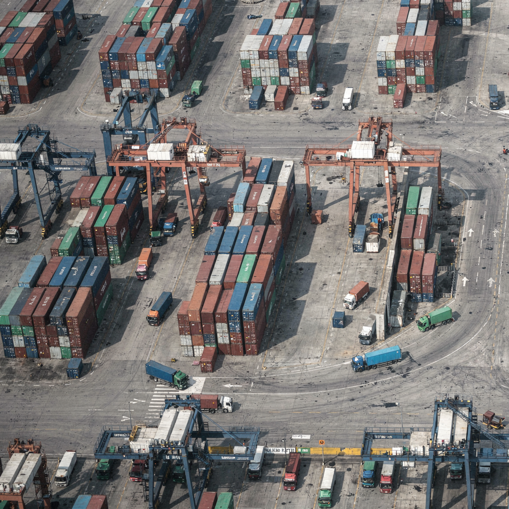 An aerial view of a busy container yard showing stacked containers, RTGs moving, trucks queued at the gate, and an organized yard layout with distinct blocks. No text or numbers in image.