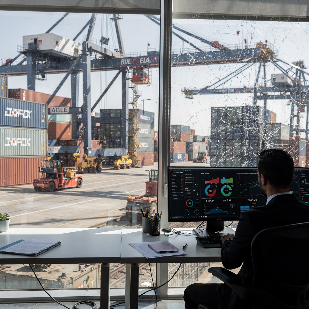 Container yard with automated cranes and digital control room display Interior view of a modern container yard showing automated cranes, AGVs, and a digital control room screen displaying terminal metrics, under clear daylight