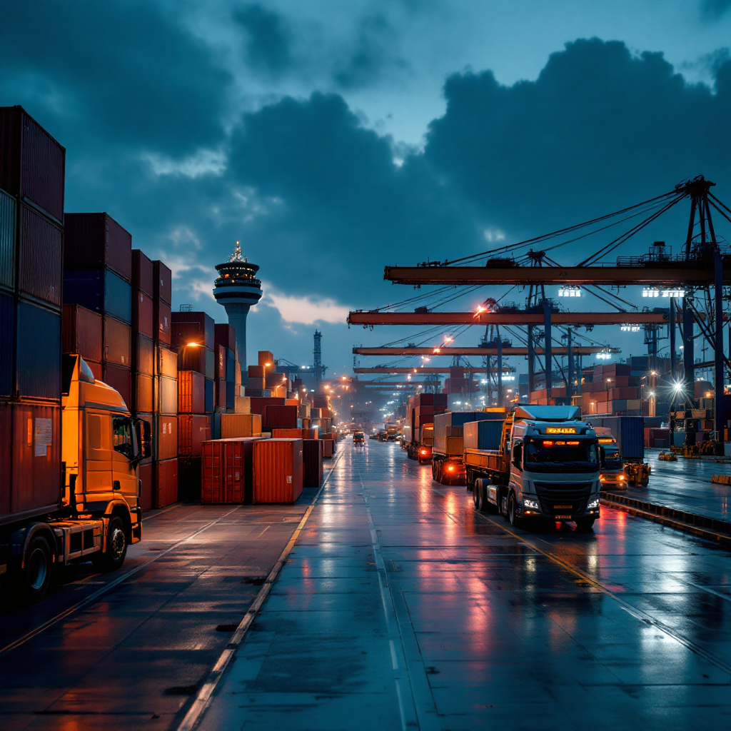 A modern container yard at dusk with stacks of containers, automated stacking cranes, yard cranes, and trucks moving; a control tower and logistics screens visible in the background