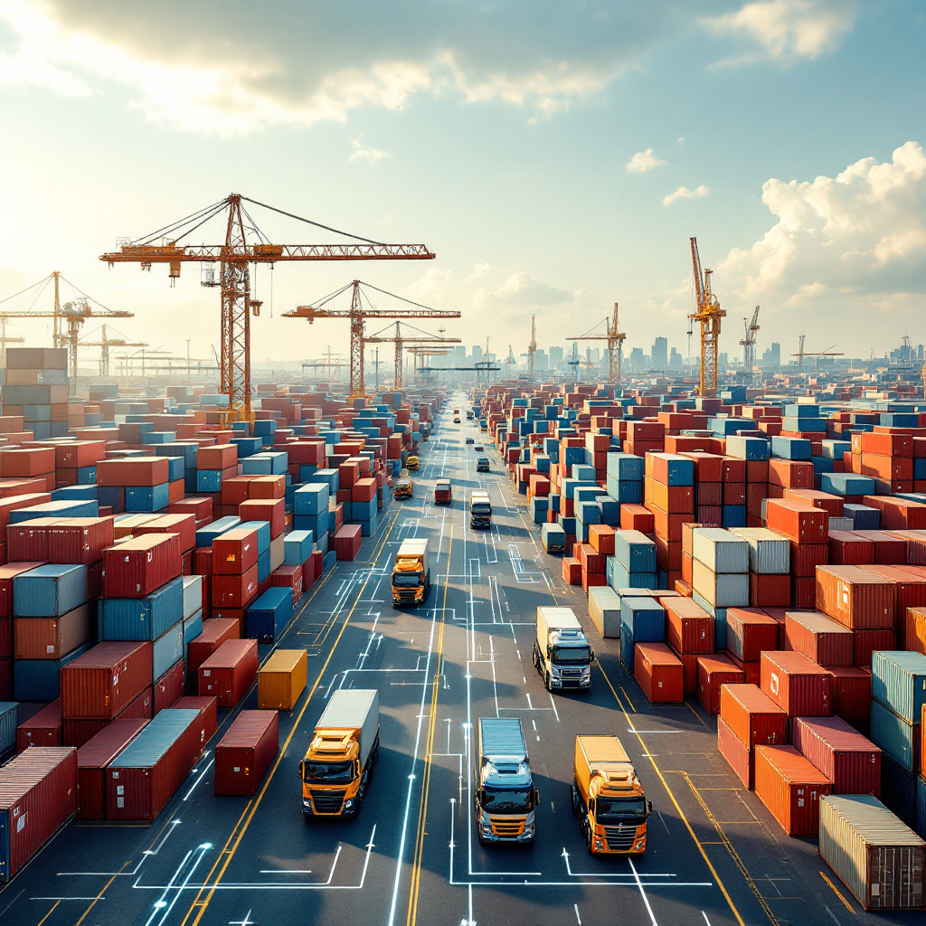 A modern container yard with cranes, trucks, and automated guided vehicles operating under a clear sky, showing organized stacks of containers and digital overlay lines indicating data flows (no text or numbers)