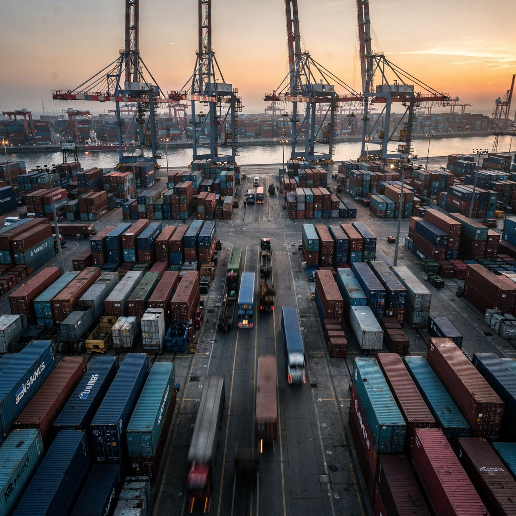 Container yard with cranes, trucks and trains Overhead view of a container yard at dusk with cranes moving containers, trucks and trains in motion, and rows of stacked containers under soft evening light