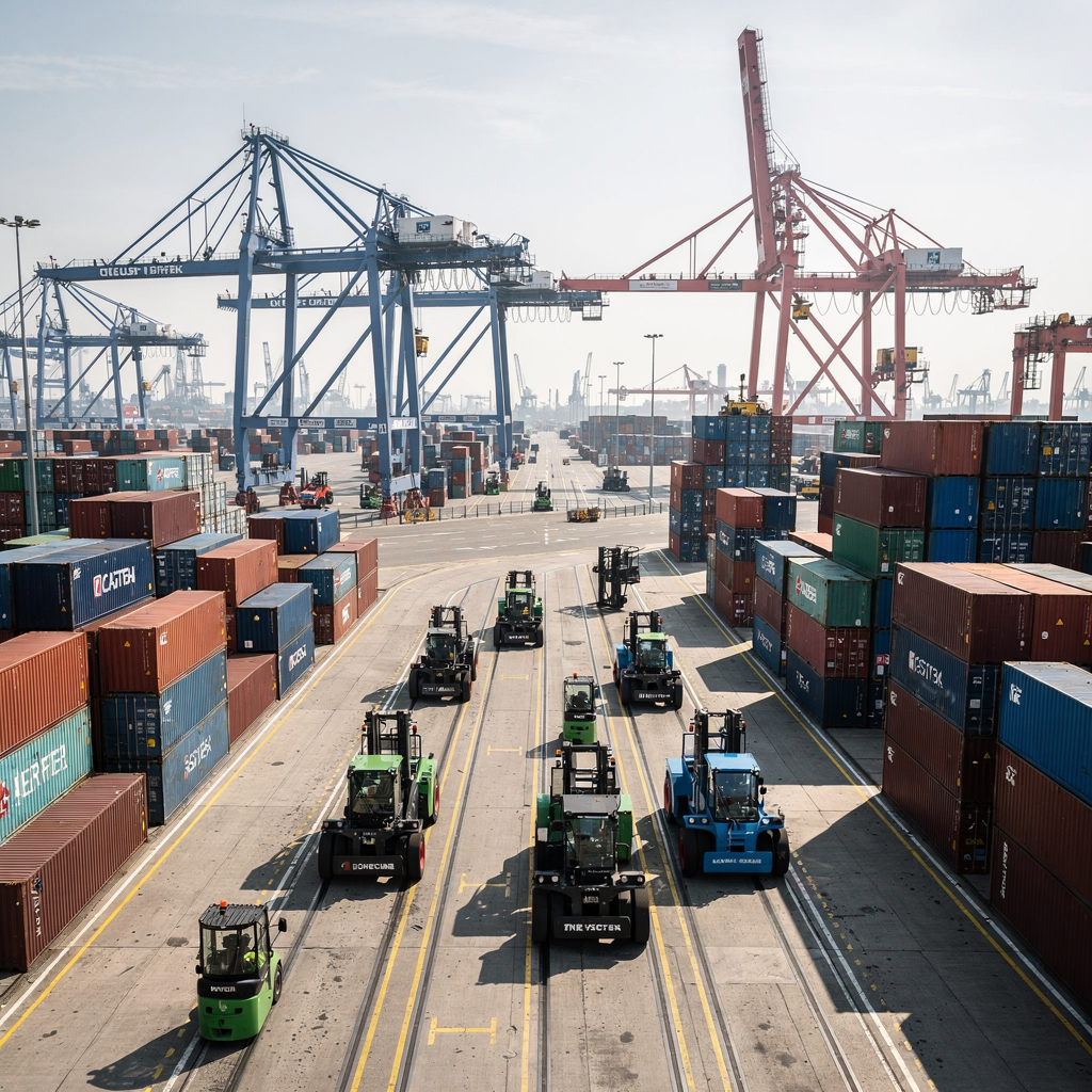 A modern container yard showing a mix of legacy cranes and new automated guided vehicles operating together, with visible yard lanes and stacks, no text or numbers