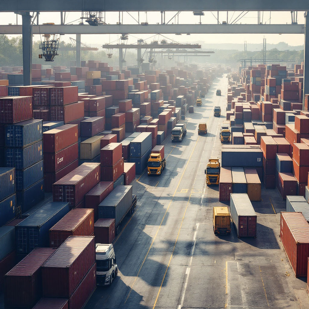 Interior view of a busy container yard showing stacked containers, yard cranes, and trucks moving, with clear pathways and organised stacks, no text or numbers
