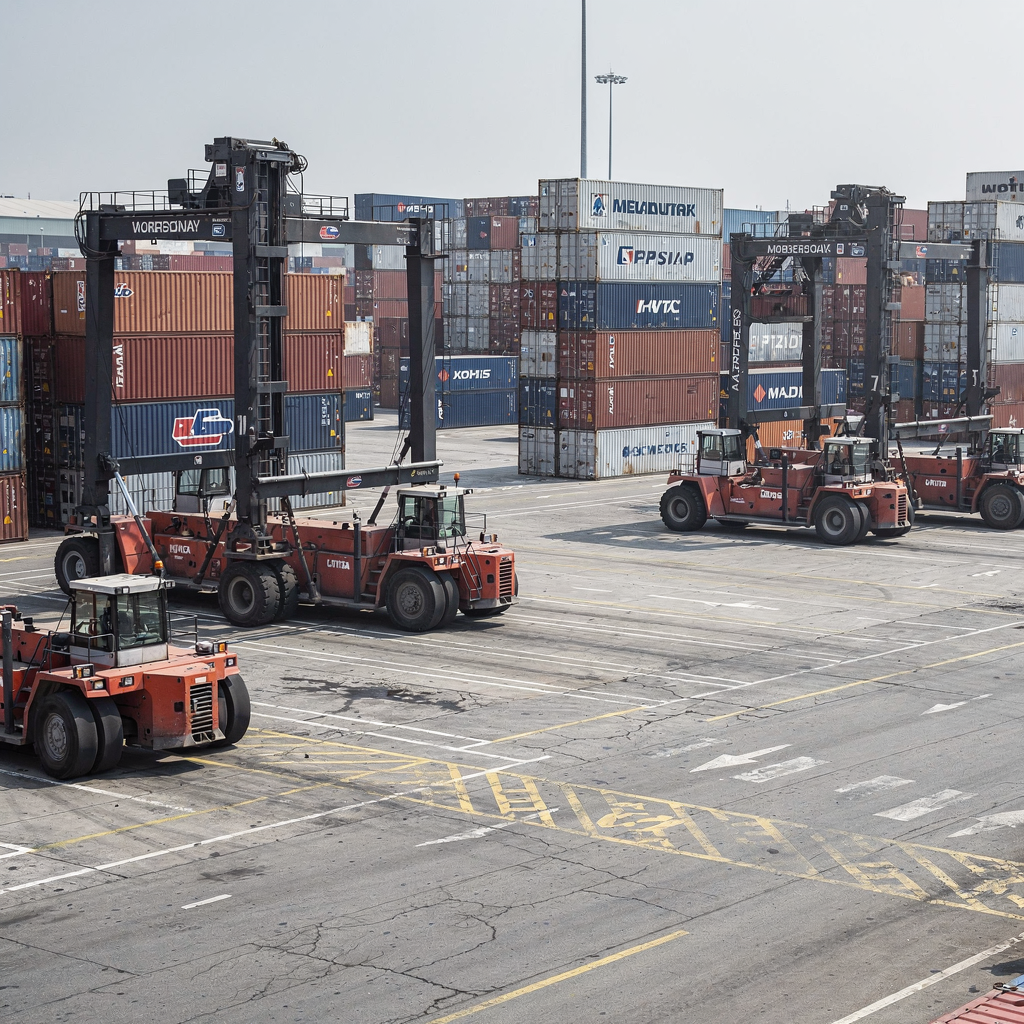 A busy container yard with several straddle carriers and reach stackers moving containers, showing stacks of containers and yard markings. Clear day and organized operations. No text.