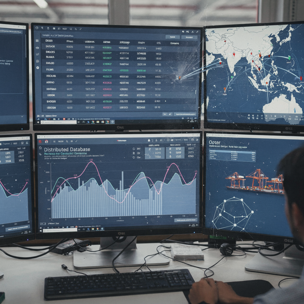Close-up view of a distributed database and blockchain visual metaphor at a port control center, with multiple screens showing ledger entries, crane telemetry graphs, and a map of vessel positions. No text or numbers in the image.