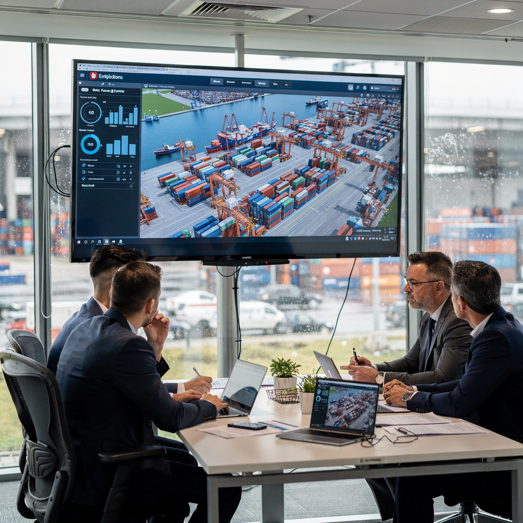 An operations control room with a large screen showing a digital twin of a container terminal, planners discussing metrics at a table; no text or numbers visible