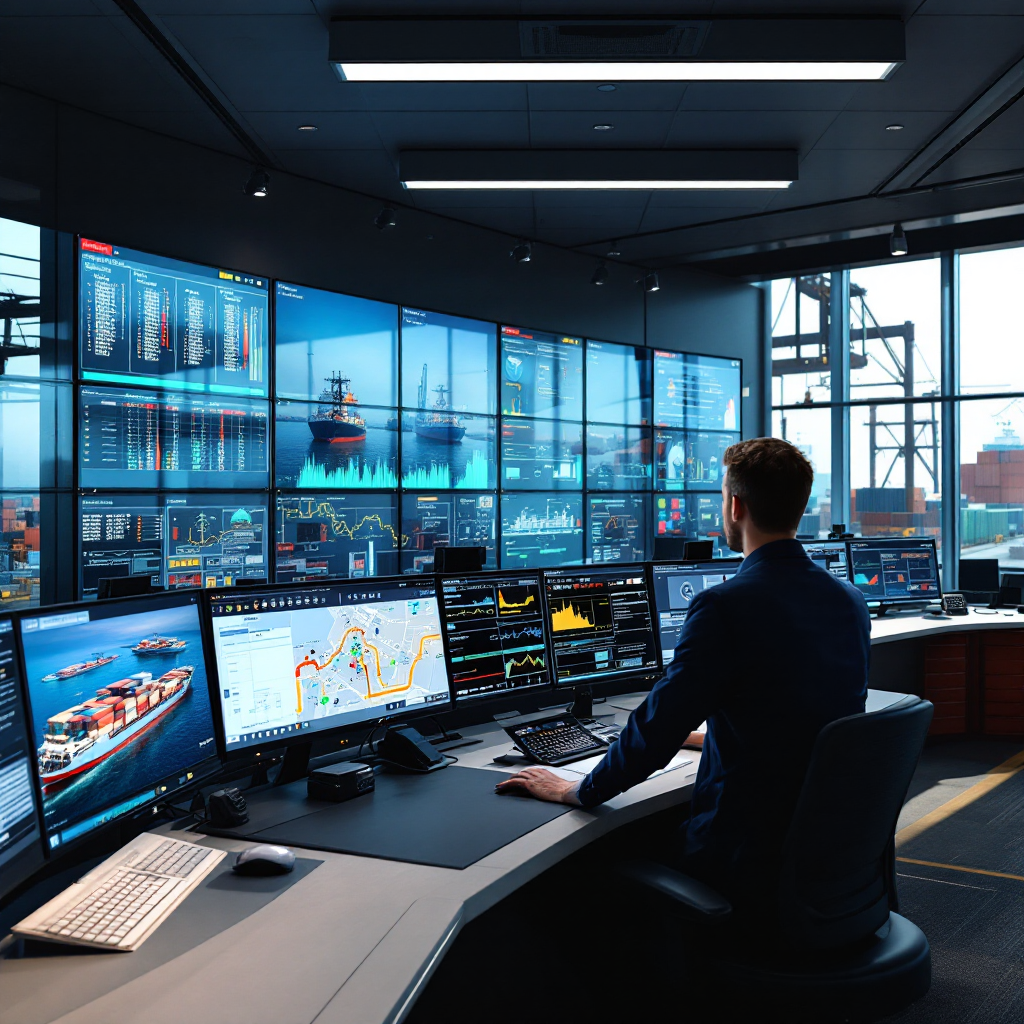 Operational control room view with large screens showing berth schedules, vessel positions and automated trolley paths in a modern terminal, no text