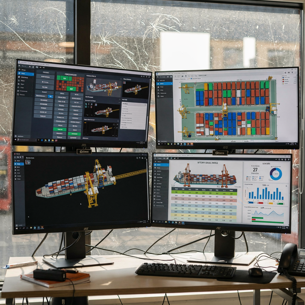 Control room displaying port simulator dashboards Interior view of a control room with multiple screens showing a port simulator dashboard, graphical container stack maps, crane schedules, and KPIs, all depicted without text or numbers
