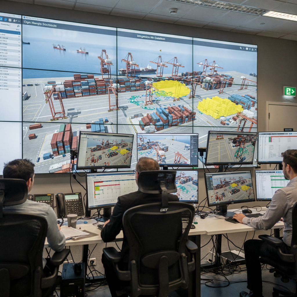 A detailed control room view showing operators monitoring a digital twin of a container terminal with visualized crane schedules and heatmaps of yard congestion, no text