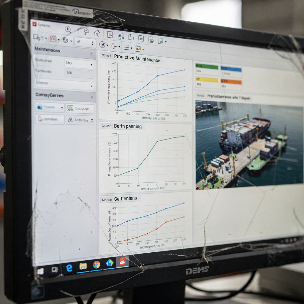 Close-up of a control room screen showing predictive maintenance graphs and berth planning maps with calm ambient lighting