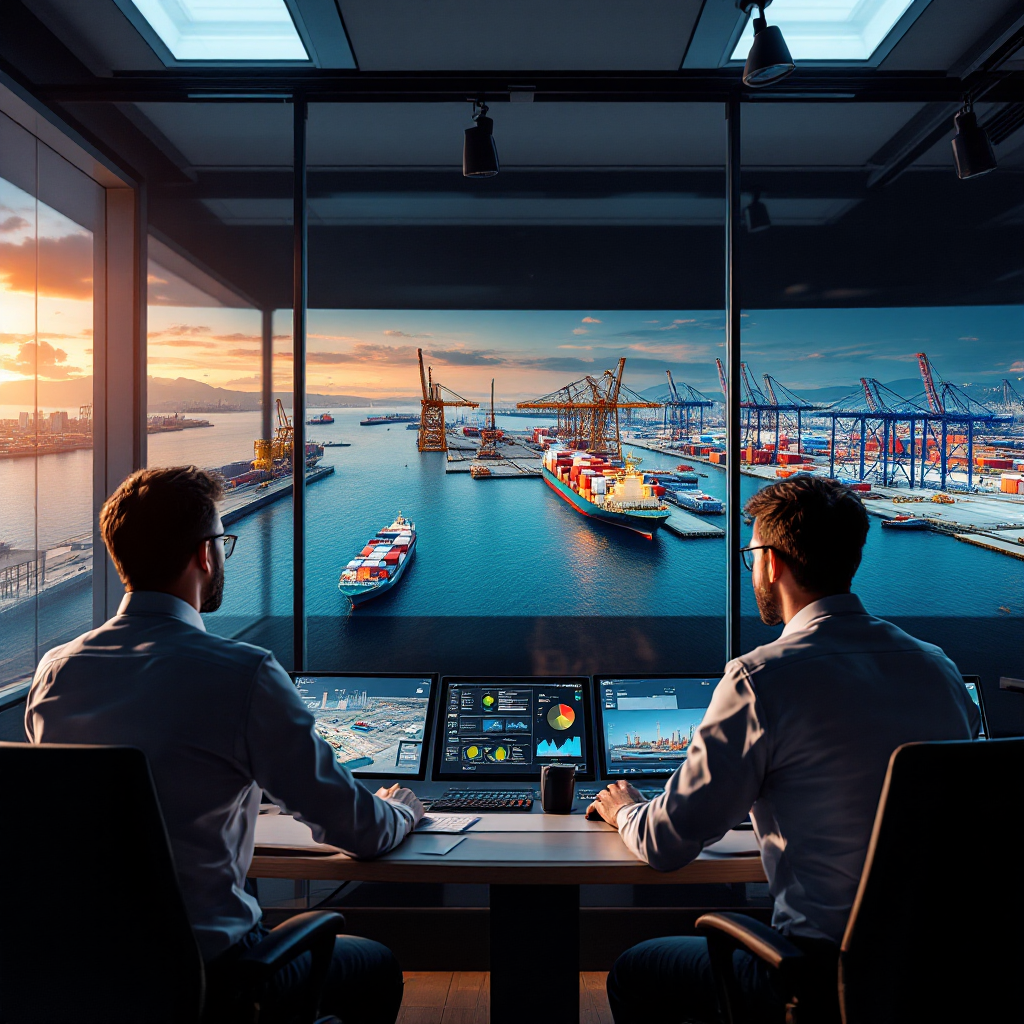 A control room with operators viewing a large digital twin display of a port, including 3D models of cranes, vessels, and yard stacks, with a calm professional atmosphere; no text or numbers