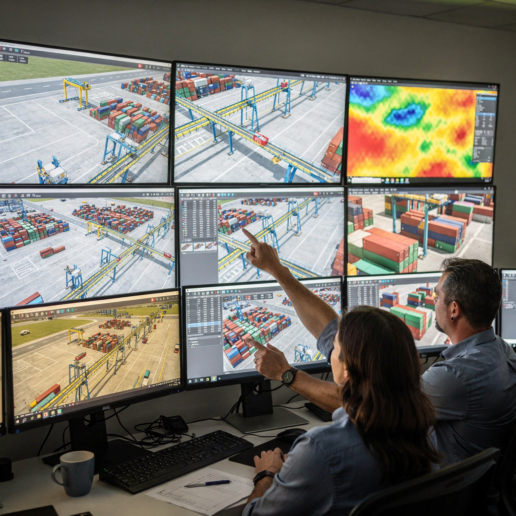 A control room with large screens showing simulation models of a container yard, conveyor lines and heatmaps of congestion, engineers pointing at screens, no text