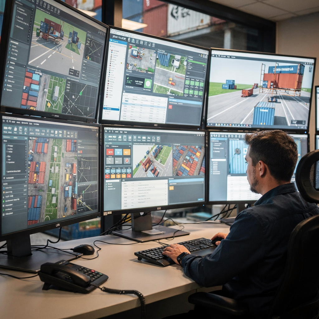 A detailed close-up illustration of a container yard control room with large screens showing real-time dashboards, maps and simulation outputs, with operators at work, no text or numbers