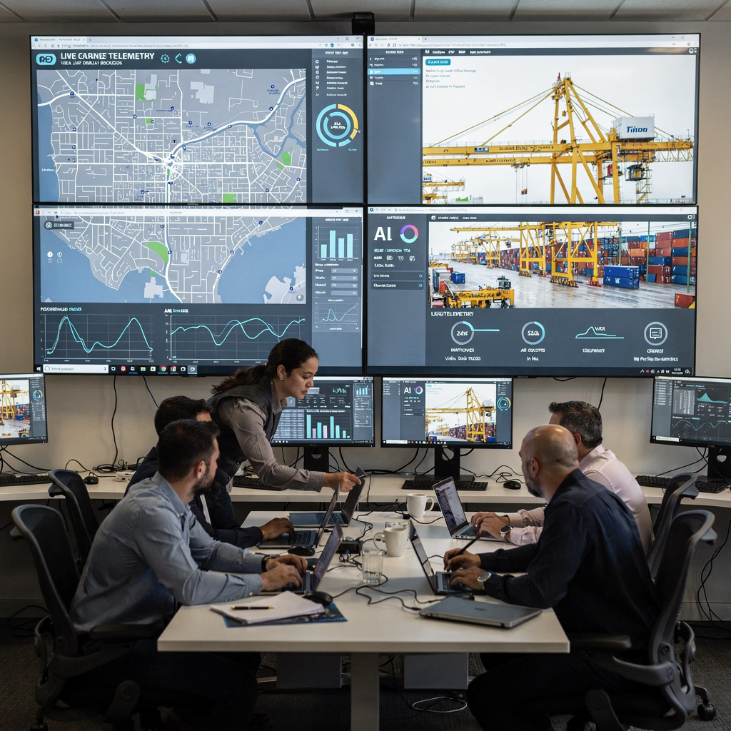 An operations control room showing large wall displays with terminal maps, AI dashboards, and live crane telemetry; technicians collaborate around a table
