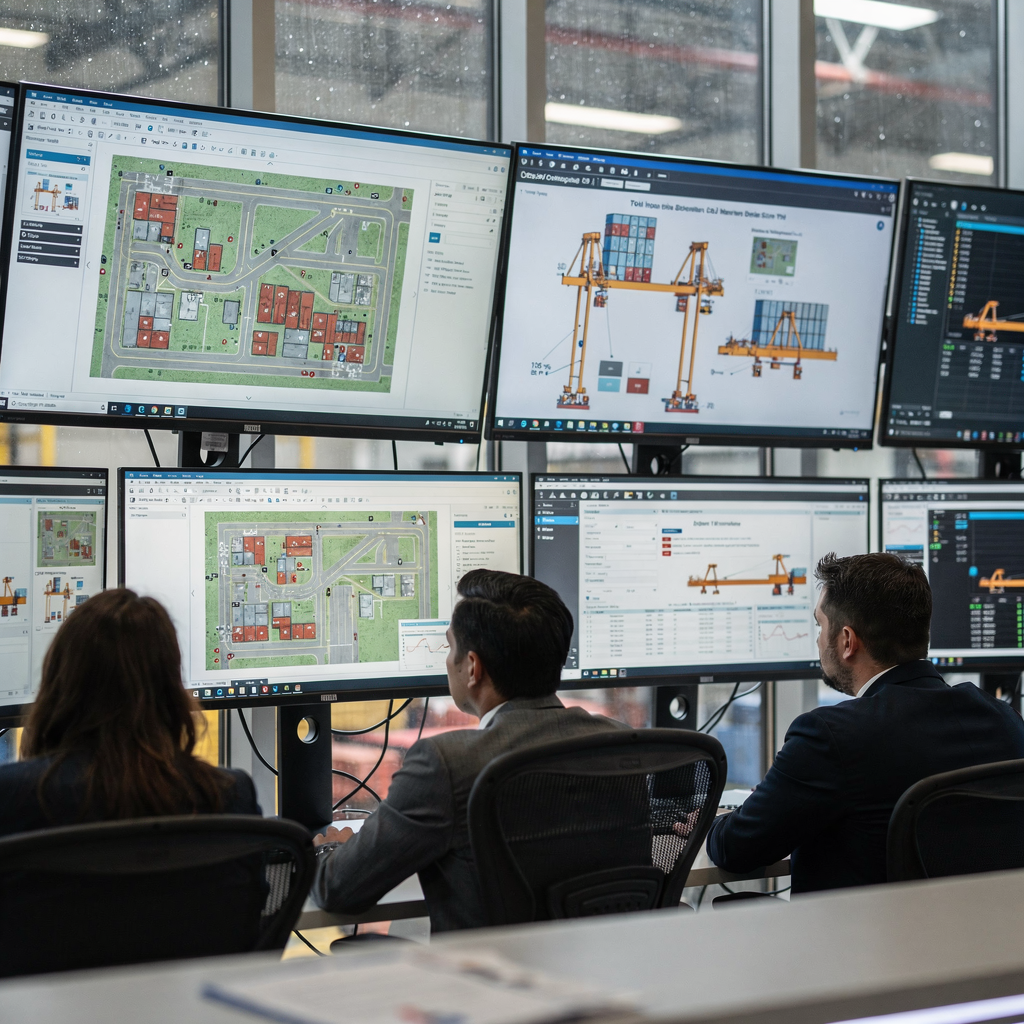 Control room with TOS dashboards and staff Close-up view of a modern control room with multiple screens showing yard maps, crane positions, and TOS dashboards, with staff collaborating (no text or numbers)