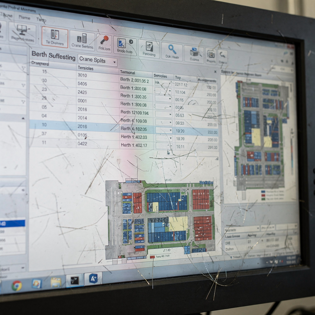 Close-up of a terminal control room screen showing berth assignments, crane splits and yard heatmaps without any text