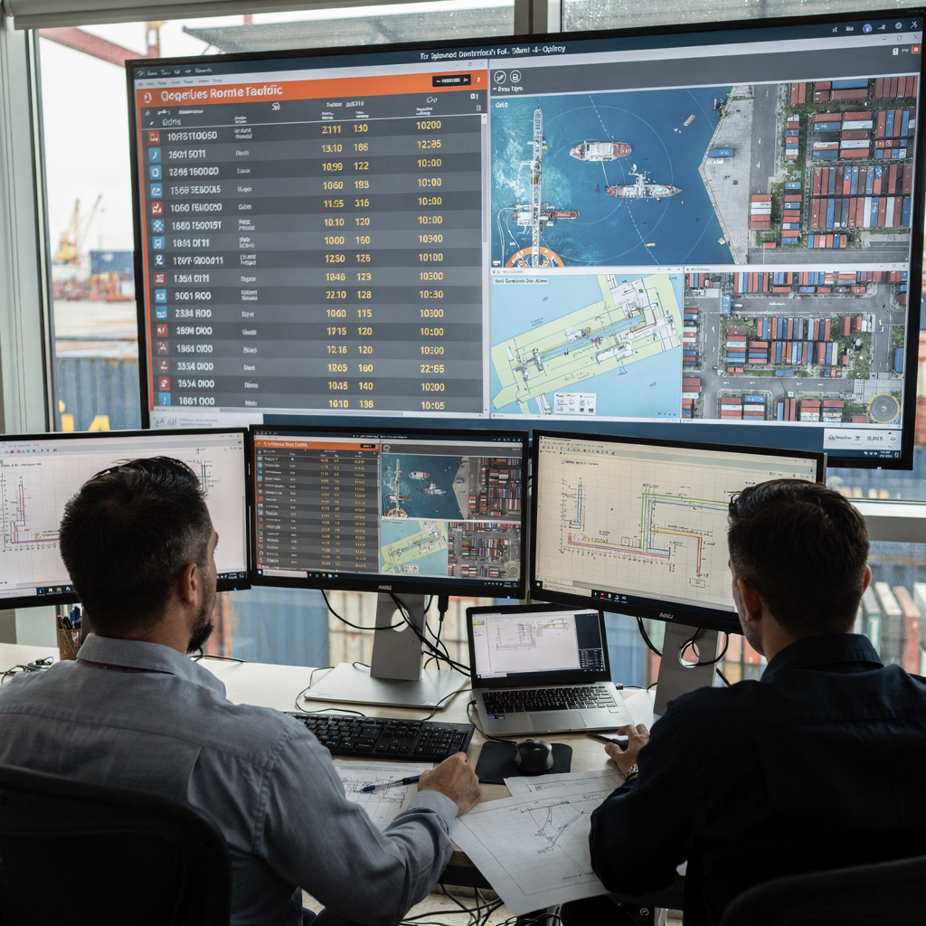 Operational control room showing a large screen with berth schedules, vessel traffic maps, yard stacking diagrams, and operators discussing plans, no text