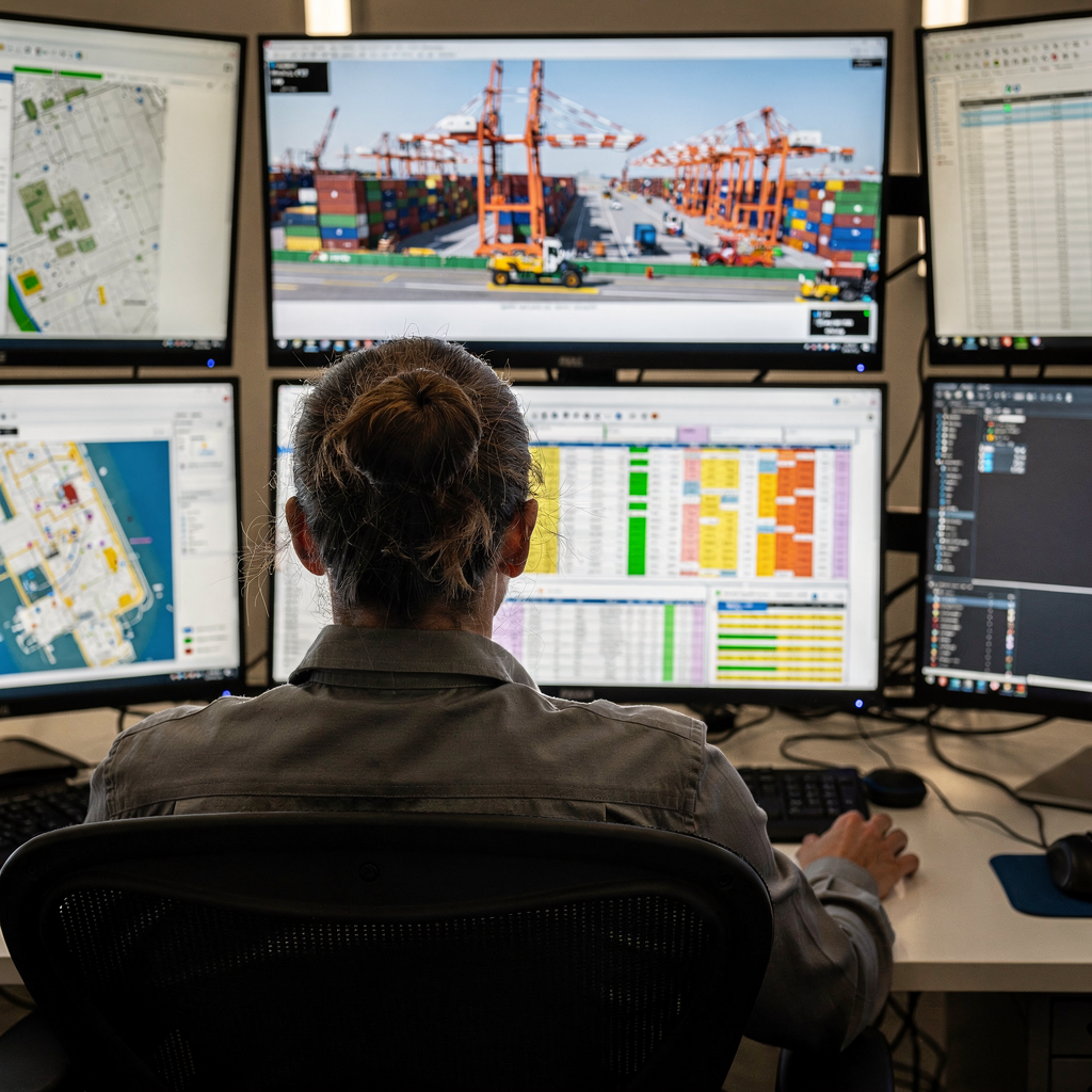 A control room showing multiple screens with berth planning maps, crane schedules, and AI-driven charts, viewed from behind an operator (no text or numbers)