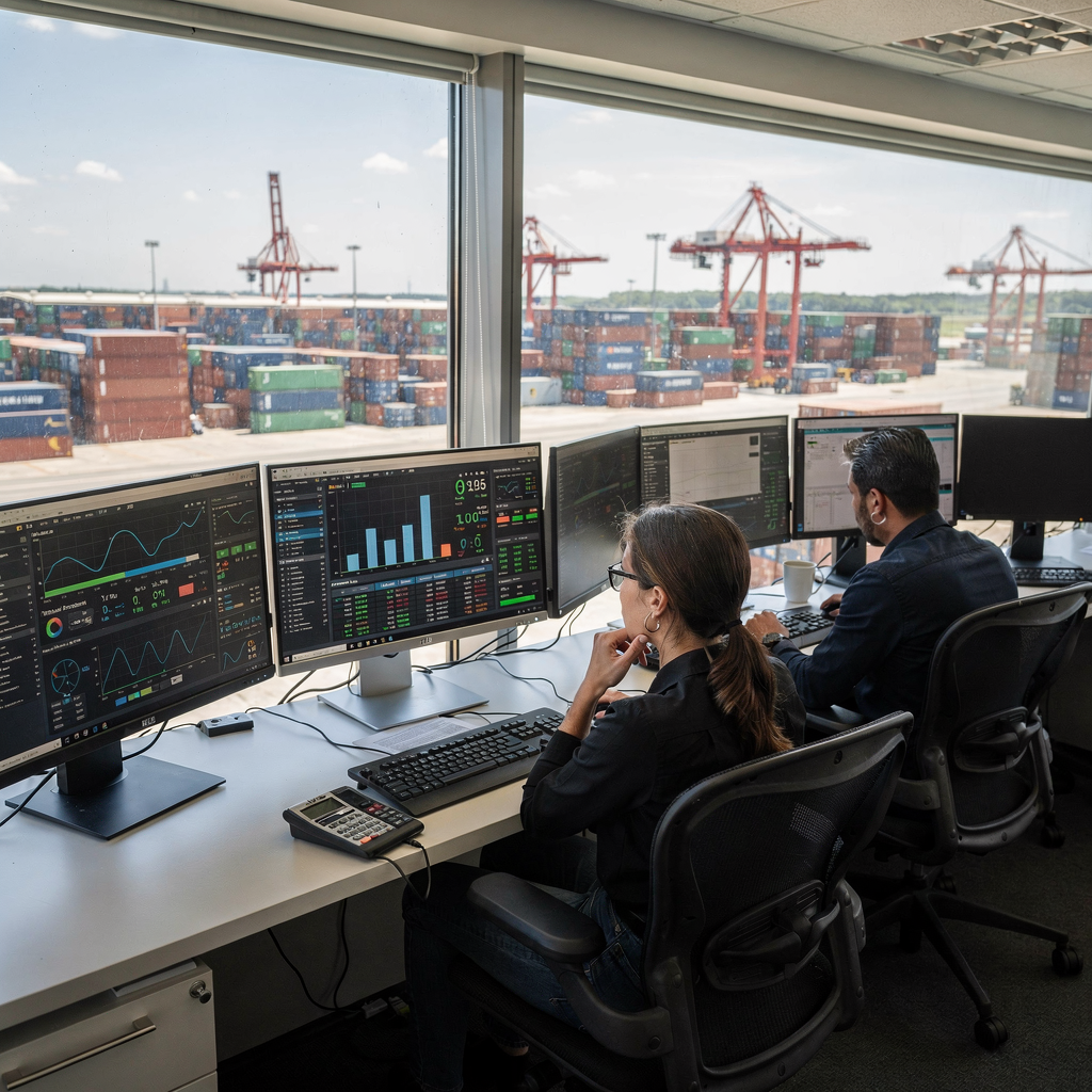 Control room with dashboard and yard view An operations control room with operators reviewing dashboard screens showing terminal metrics and equipment status, with a clear view of a container yard through a window (no text or numbers)