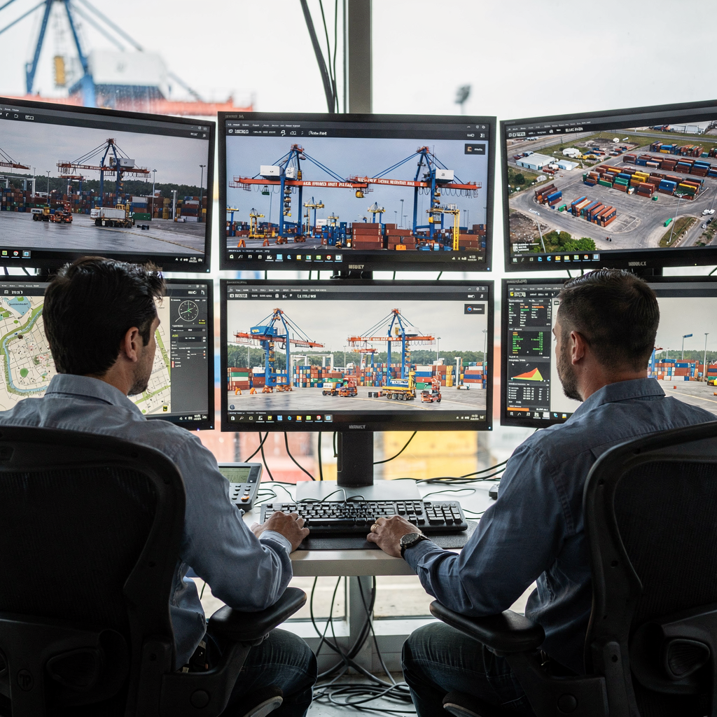 Engineers reviewing dashboards showing terminal telemetry, cranes, and yard maps on screens in a control room, no text or numbers
