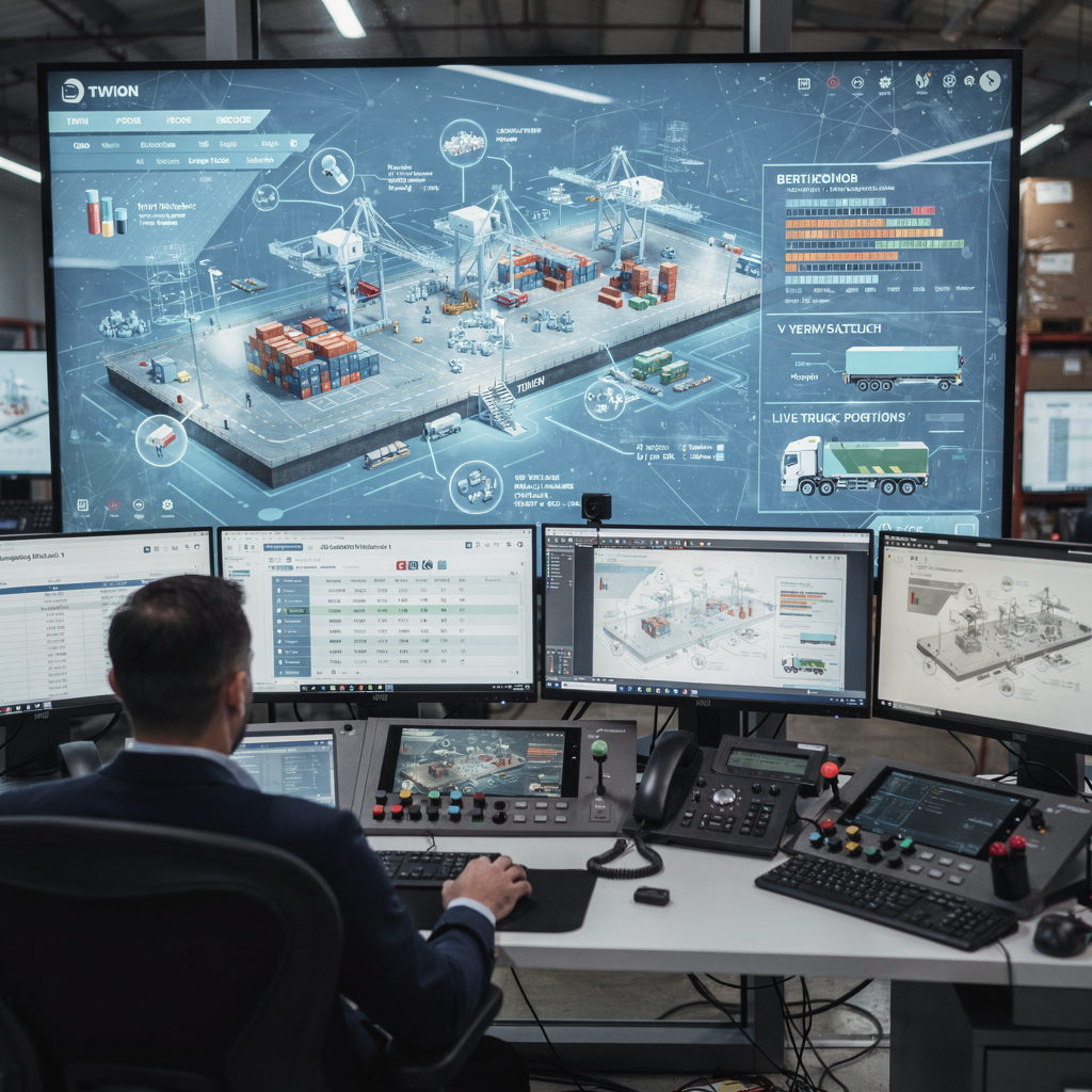 Control room with digital twin and AI agent monitoring A high-tech control room showing operators monitoring a digital twin with AI agents, and a screen visualizing berth schedules, yard stacks, and live truck positions (no text or numbers in image)