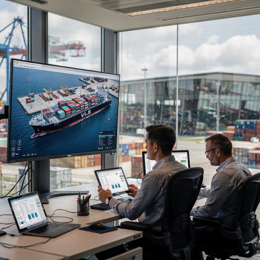 A control room showing a digital twin of a container ship and yard on large screens, engineers reviewing a stowage plan on tablets, modern terminal in the background, no text
