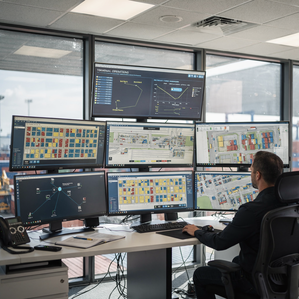 Interior view of a terminal operations control room with digital twin dashboard showing yard blocks, berth maps, and equipment telemetry