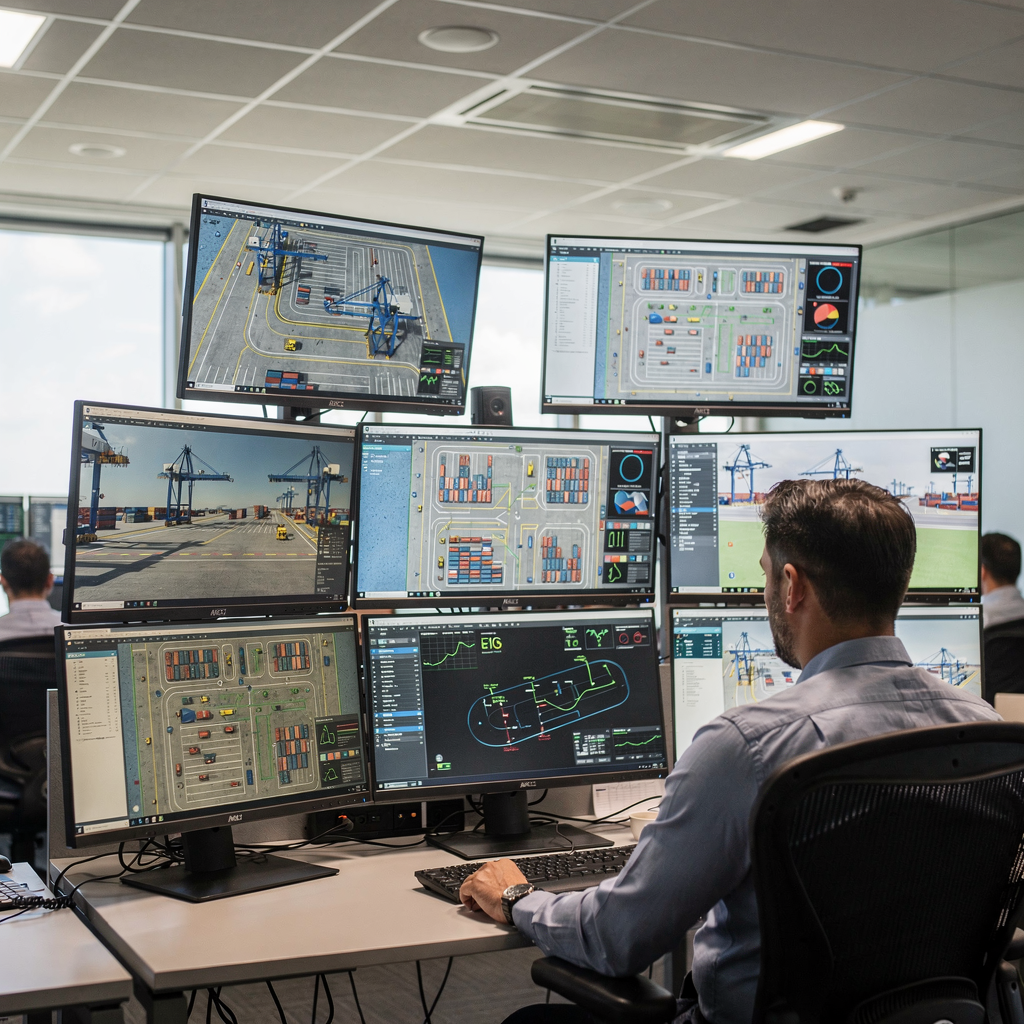 A control room with operators watching multiple screens displaying a digital twin of a container terminal, showing cranes, yard maps, and live telemetry (no text or numbers)