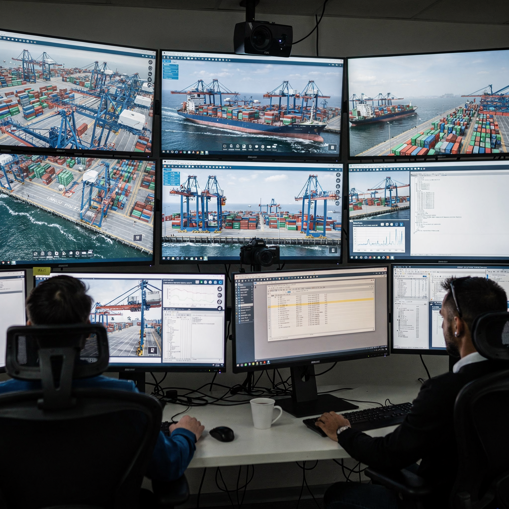 Control room with digital twin of a container terminal A modern control room with multiple screens showing a digital twin of a container terminal, including cranes, stacks, and vessel berths. The scene shows operators analysing dashboards and test scripts on the displays. No text or numbers in image.