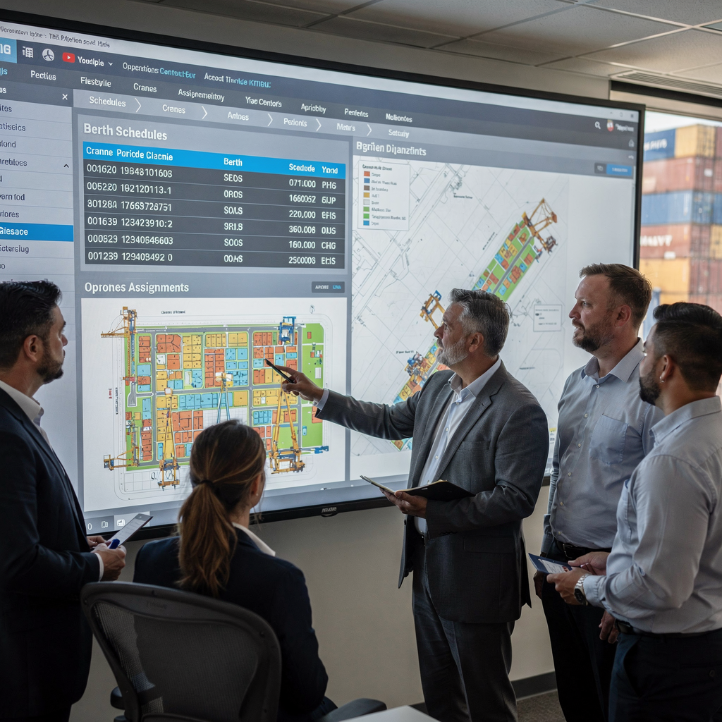 An operations control room showing a large interactive dashboard with berth schedules, crane assignments and yard maps, with a small group of planners discussing the display. No text or numbers shown.