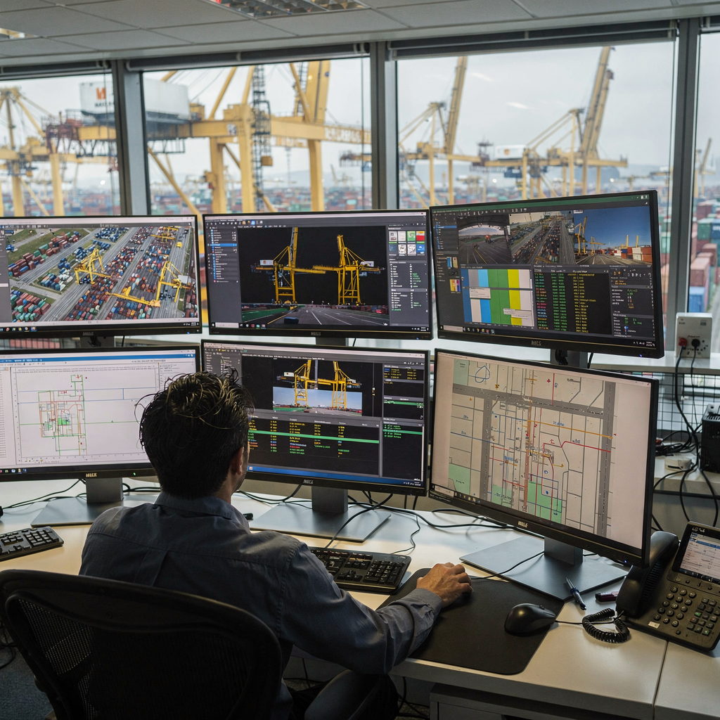A busy deepsea container port control room with operators observing large screens that show live telemetry, crane positions, and yard maps. The scene should show a mix of digital dashboards and industrial views through windows, no text on screens.