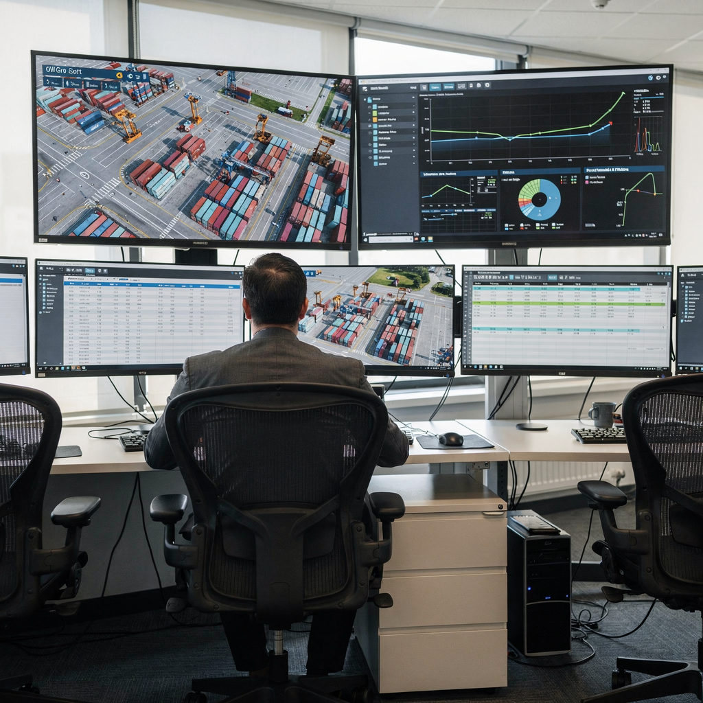 An operations control room showing live maps of a container terminal yard, screens with vehicle telemetry and scheduler timelines, modern ergonomic workstations