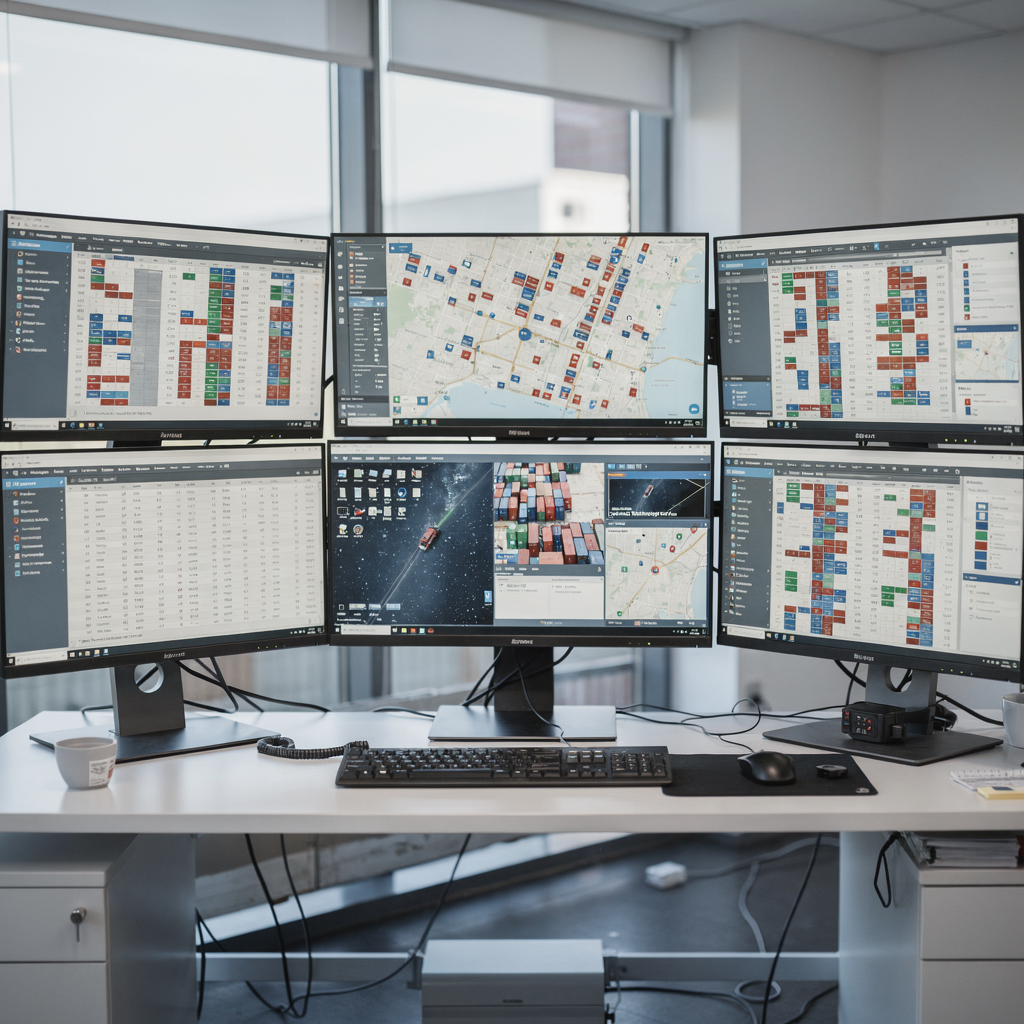 A control room desk with multiple monitors showing logistics dashboards and container tracking maps, modern office environment, no people