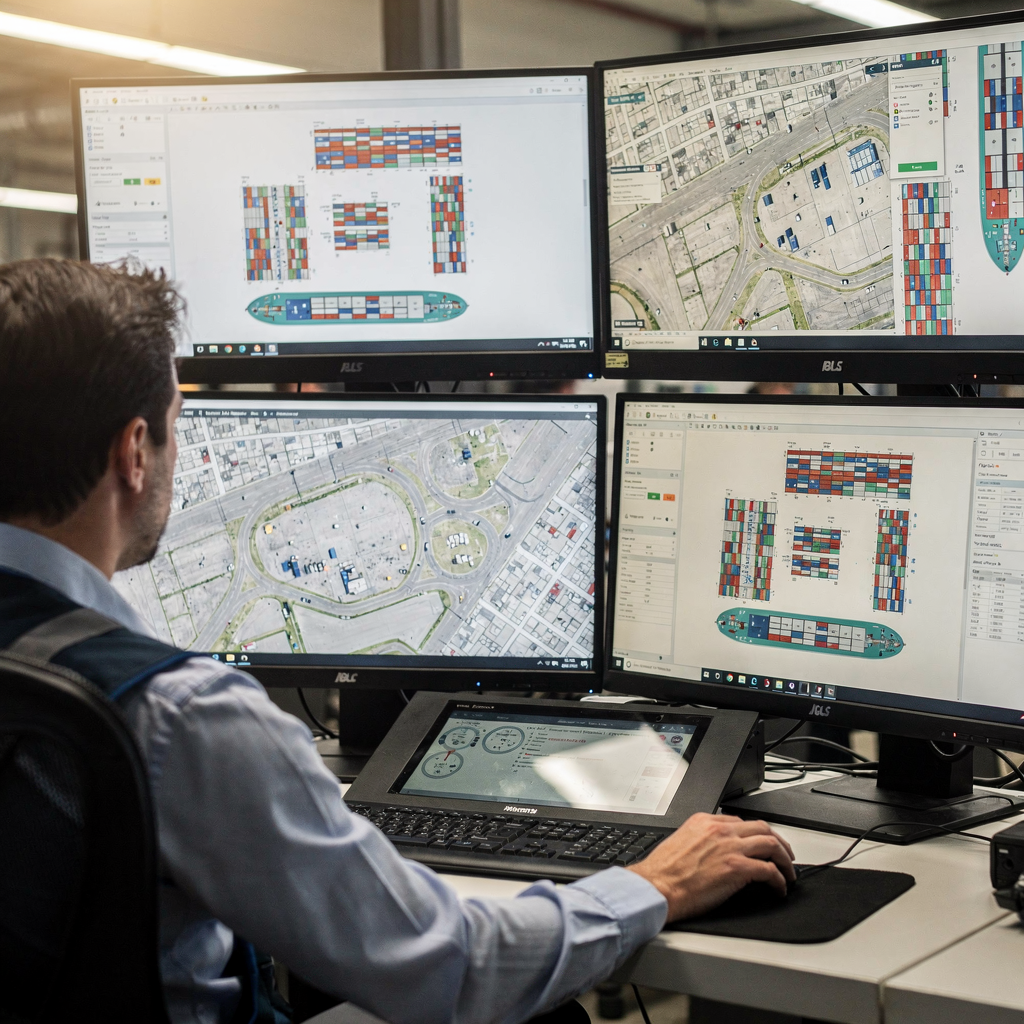 Close-up of a control room showing operators using touchscreens with maps of yard logistics and vessel stowage diagrams; calm lighting, modern interfaces