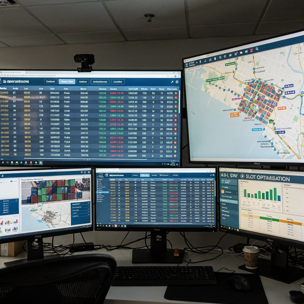 Operations control room showing large screens with berth schedules, real-time container tracking maps, and AI-driven slot optimisation dashboards