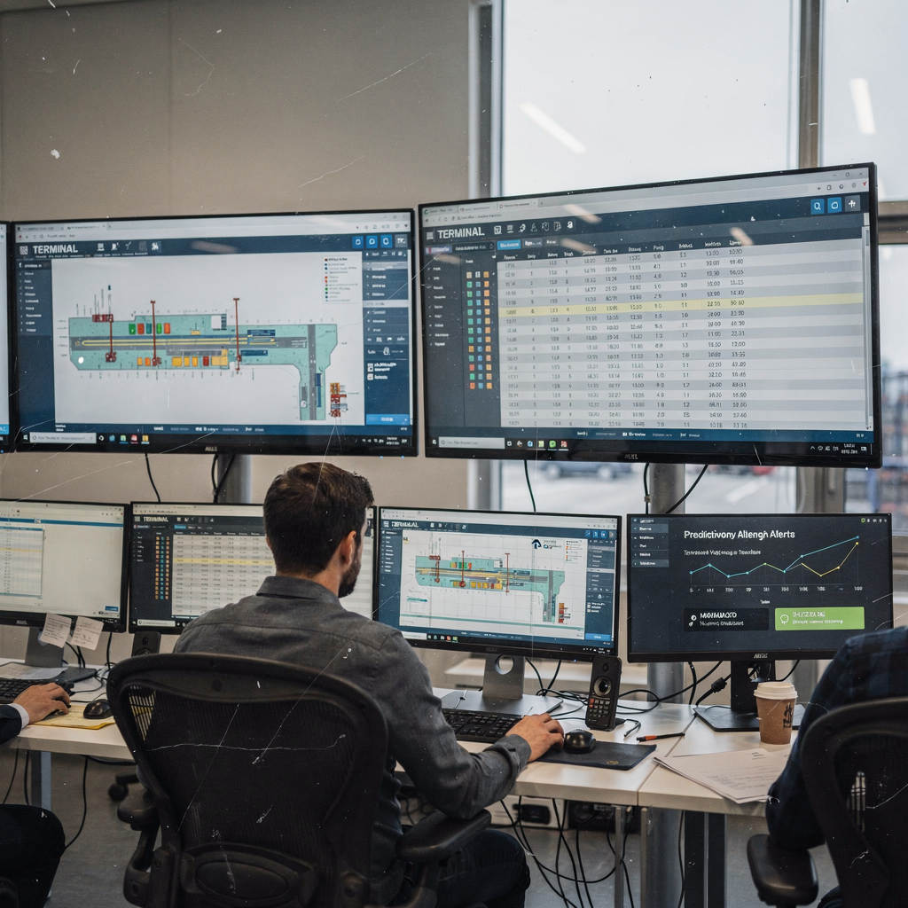 A control room with several operators using large real-time dashboards showing terminal yard maps, berth schedules, and predictive alerts, with neutral lighting and collaborative workspace