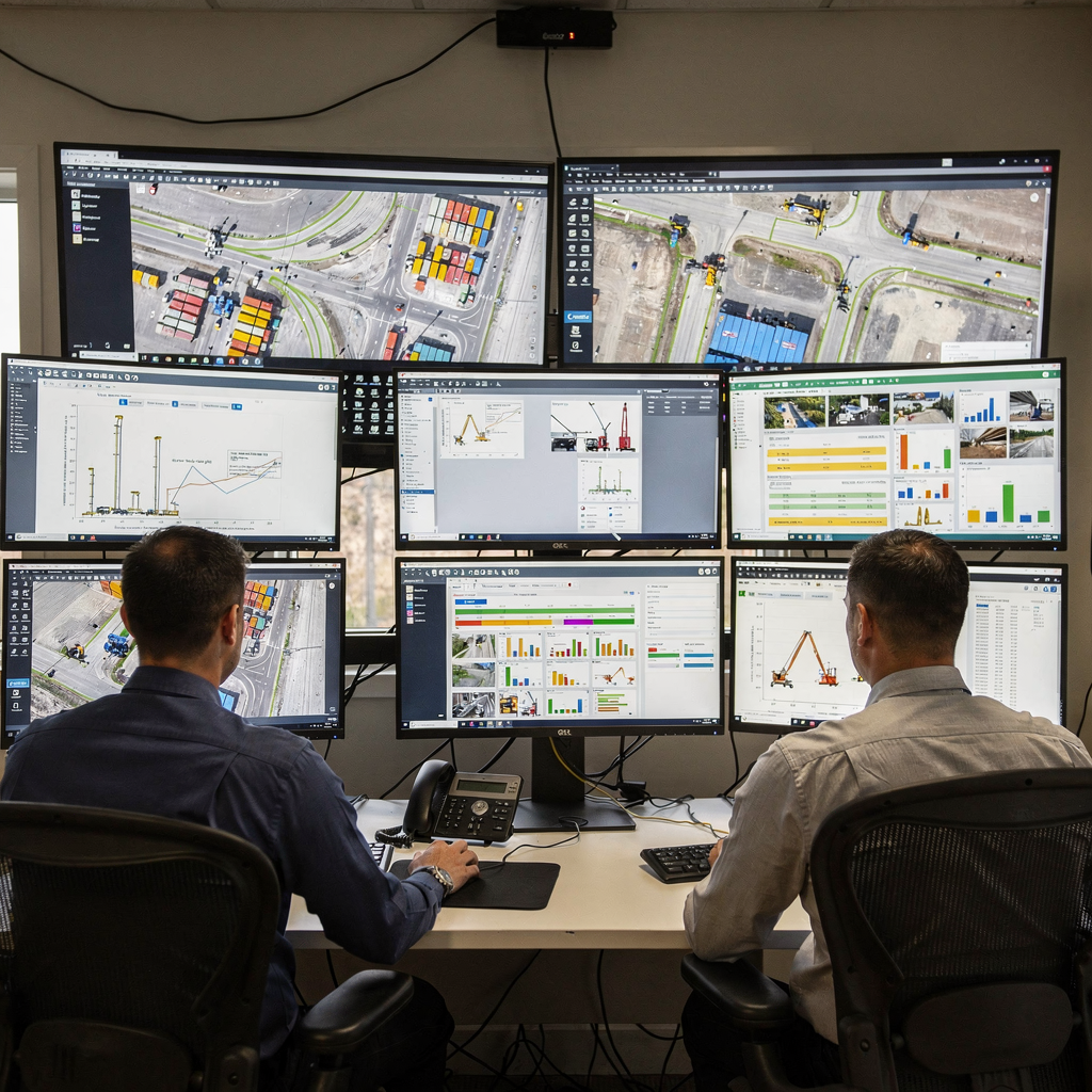 Control room with real-time yard telemetry displays Control room with operators viewing large screens showing live yard telemetry maps, equipment tracks and energy dashboards, no text or numbers