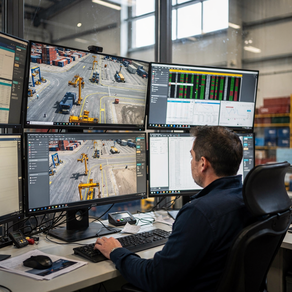 Control room with screens displaying yard maps and live telemetry Close-up view of a control room with large screens showing yard maps, crane positions, and live data feeds, operators interacting with UI, no text